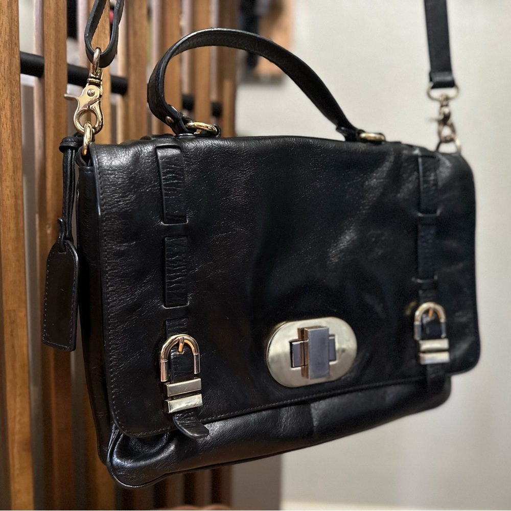 Badgley Mischka Black Leather Satchel Two—Toned Hardware Turnlock Crossbody